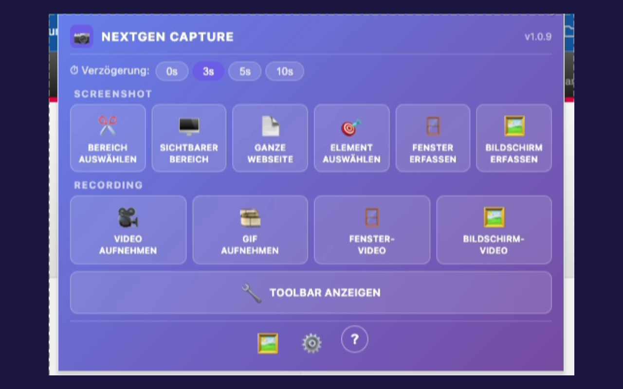 NextGen-Capture-Popup mit Aufnahmearten